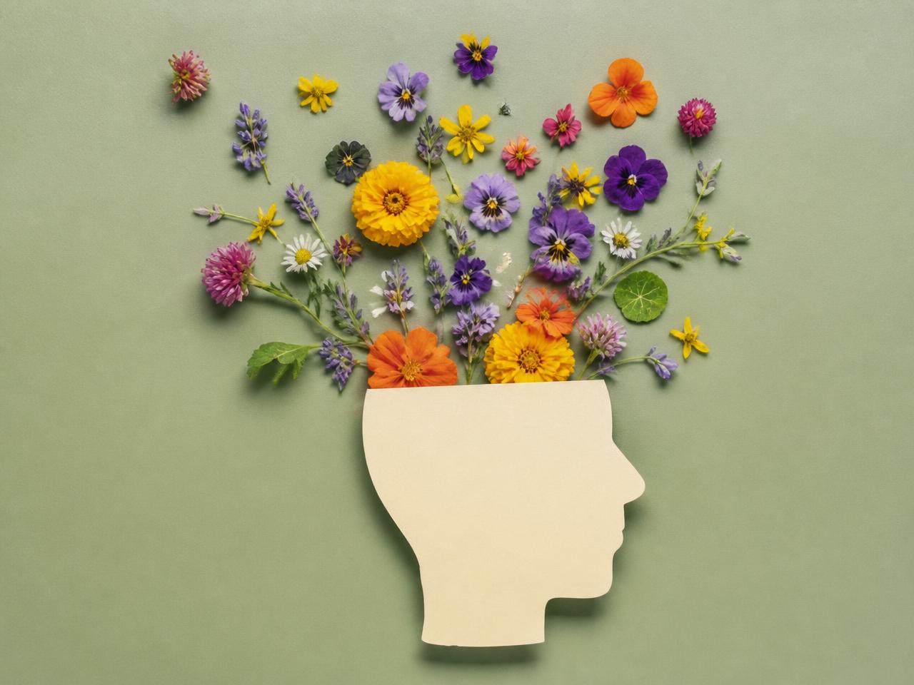 Paper cut-out of a head in profile with wildflowers blooming out of it