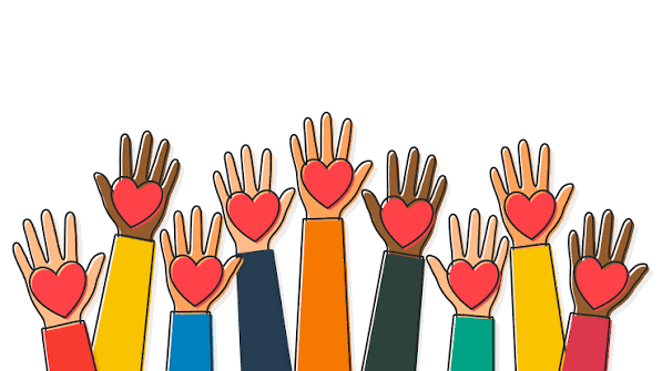 Illustration of diverse raised hands, each holding a red heart